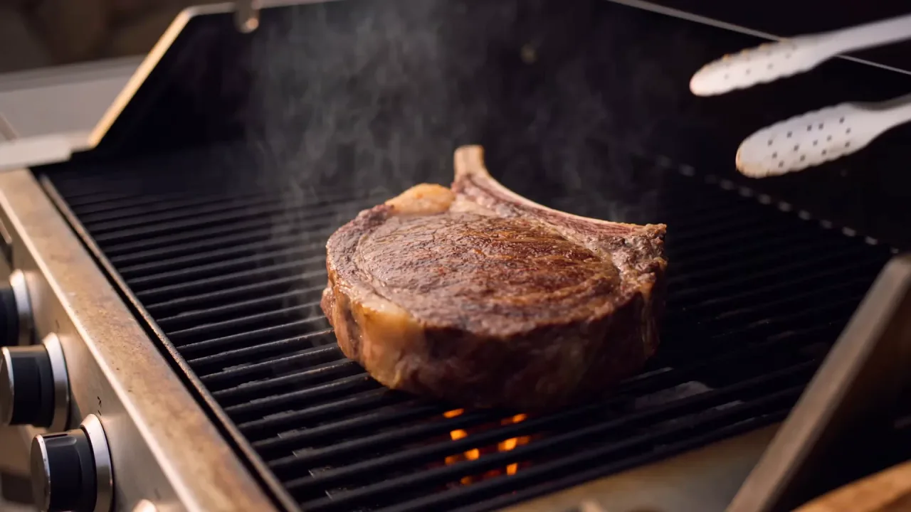 Bife grosso selando na grelha, com fumaça subindo e o pegador do kit ao lado.
